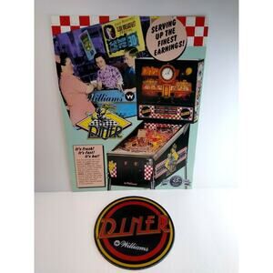 Diner Pinball Machine Flyer + Plastic Promo Coaster Vintage Original NOS 1990